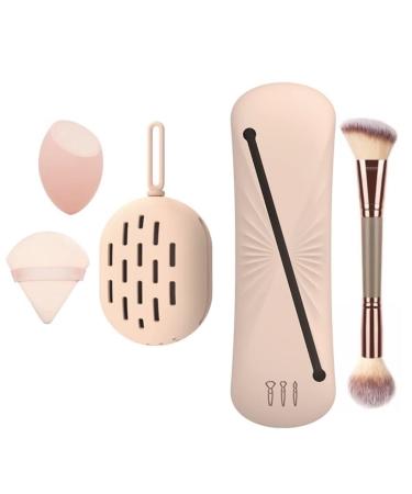 Large Silicone Travel Makeup Brush Holder and Sponge Holder (2 pcs) Makeup Brush Holder Powder Puff Case Makeup Sponge Holder Cosmetic Brushes Organizer Portable Brush Cleaning Mat (Beige)