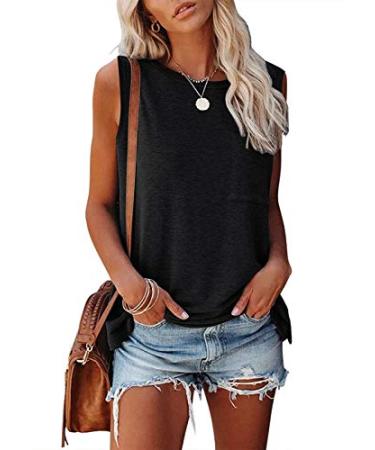 MIROL Women's Sleeveless Tank Tops Basic Loose Tunic T Shirts Batwing Sleeve Solid Color Casual Tee with Pocket Large Black