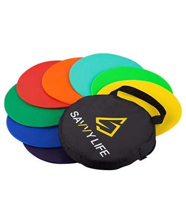 Savvy Life Poly Spot Markers - Set of 16 Multi-Colored Vinyl Spot Indicators for PE, School Activities, Exercise Drills, Sports Training - 10 Inch Large Non-Skid Floor Poly Spots with Carrying Bag