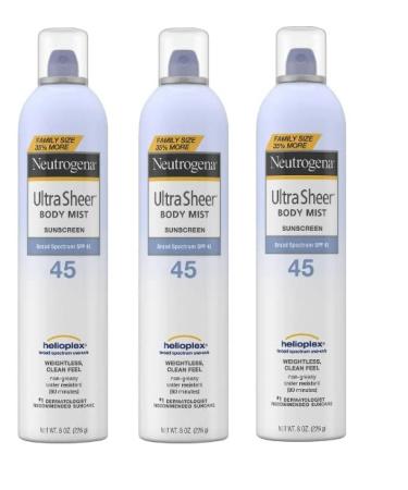Neutrogena Ultra Sheer Body Mist Sunscreen Spray Broad Spectrum SPF 45 Lightweight Non-Greasy and Water Resistant Oil-Free and Non-Comedogenic UVA/UVB Sunscreen Mist 8 oz Pack of 3