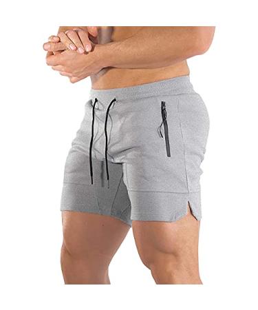 BUXKR Mens Workout Shorts 5 Inch Quick Dry Gym Shorts for Men Athletic Running Shorts with Zipper Pockets Light Grey Medium