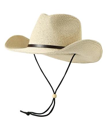 Lanzom Women Men Summer Western Straw Cowboy Cowgirl Hat Shapeable Wide Brim Staw Beach Sun Hat Beige 1 Medium