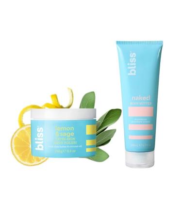 Bliss - Naked Body Butter - Unscented - Maximum Moisture Cream - 6.7 Fl Oz and Satin-Skin Body Polish - Lemon and Sage - Body Scrub with Shea Butter and Coconut Oil - 8.5 Oz