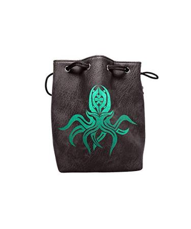 Black Leather Lite Large Dice Bag with Cthulhu Design - Black Faux Leather Exterior with Lined Interior - Stands Up on its Own and Can Hold 400 16mm Polyhedral Dice