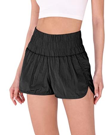 ODODOS Goto Athletic Shorts for Women Elastic High Waisted Quick Dry Sports Casual Workout Running Shorts Mesh Back Pocket No Liner Medium Black