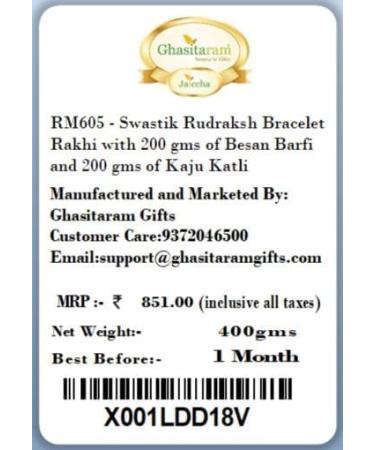 Ghasitaram Gifts Rakhi for Brother Rakhis Online - RM605 - Swastik Rudraksh Bracelet Rakhi with 200 GMS of Besan Barfi and 200 GMS of Kaju Katli Rakhi Set with 200 gms of Besan Barfi & Kaju Katli - Buy Online on GoSupps.com