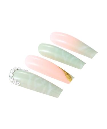 Brishow Coffin Artificial Nails - Long Pink Green Bellarina Acrylic Press-On Nails - 24pcs for Women & Girls | International Shipping - Buy Online on GoSupps.com