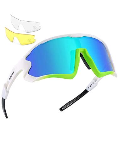 KOOTU Polarized Cycling Sunglasses with 3 Lenses, Men Women UV Protection Sports Glasses for Cycling Fishing Hiking Running White