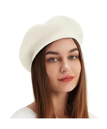 Wool Beret Hat French Beret Cap Winter Artist Painter Hat Solid Color for Women 1 White