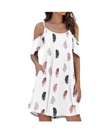 lcziwo Floral Print Summer Casual T Shirt Dresses for Women Cold Shoulder Short Sleeve Sunflower Pockets Swing Dress White XX-Large