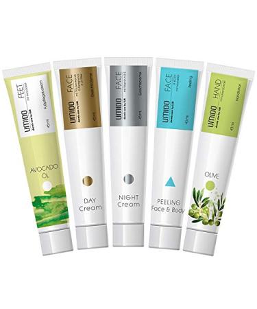 Umido 5 pieces Set Cosmetics Set 45 ml |1x foot balm Avocado oil |1x day face cream grape seed oil |1x night face cream vitamin a & e |1x peeling almond oil |1x hand lotion olive