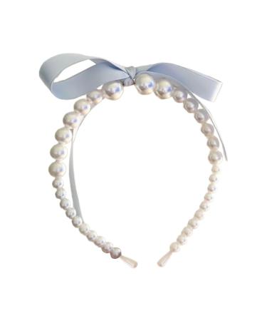 hgnxa Pearls Bowknot Headbands for Woman Girl Ribbon Hairband for Skincare Makeup Delicate Hairband for Girl Taking Photo Blue