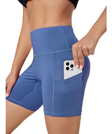 Auu High Waist Yoga Shorts for Women Tummy Control Workout Sport Pants Gym Running Leggings with Pockets A-blue Small