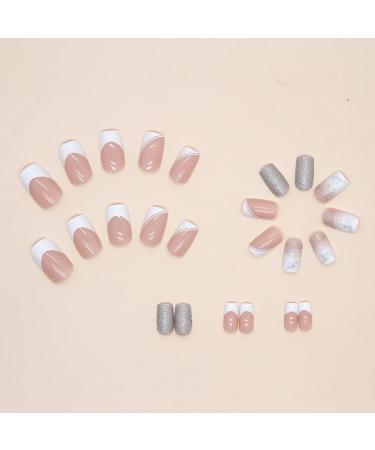 Medium French Glitter White Tip Press on Nails - 24Pcs | Glossy False Nails for Women - W325 - Buy Online on GoSupps.com