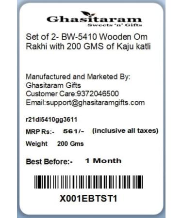 Ghasitaram Gifts Rakhi for Brother Rakhis Online- Set of 2- BW-5410 Wooden Om Rakhi with 200 GMS of Kaju katli - Buy Online on GoSupps.com