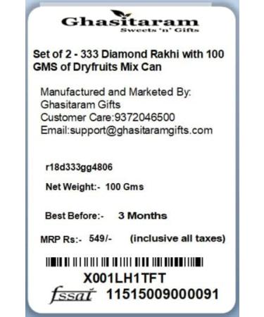 Ghasitaram Gifts Rakhi for Brother Rakhis Online - Set of 2-333 Diamond Rakhi with 100 GMS of Dryfruits Mix Can 2 Rakhi with 100 gms of Dryfruits Mix Can - Buy Online on GoSupps.com