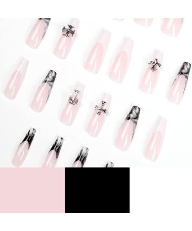 French Tip Press on Nails - Long Press On Nails with Nail Tips Black and white halo dyed cross design fake nailspress on nails Acrylic False Nails Cute Artificial Nails - Buy Online on GoSupps.com
