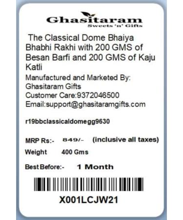 Ghasitaram Gifts Rakhis Online - Rakhi for Brother- The Classical Dome Bhaiya Bhabhi Rakhi with 200 GMS of Besan Barfi and 200 GMS of Kaju Katli Rakhi Set with 200 gms of Besan Barfi & Kaju Katli - Buy Online on GoSupps.com