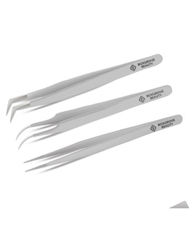 Lash Tweezers, Pack of 3 Stainless Steel Tweezers For Eyelash Extension | Straight and Curved Tip Eyelash Tweezers | False Lash Application Tools (Pack of 3, Silver) Pack of 3 Silver