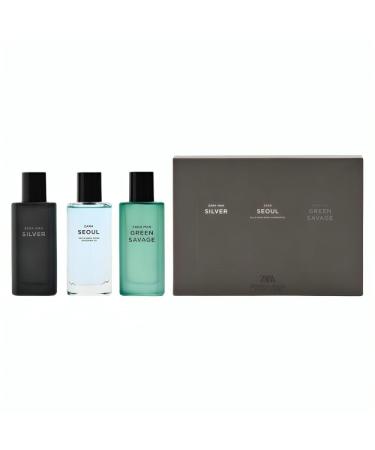 Zara Man Silver + Seoul + Green Savage Cologne for Men Fragrance Set EDT Eau De Toilette 3x 40 ML (1.35 FL OZ)