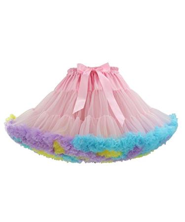 Women's Elastic Waist Chiffon Petticoat Puffy Tutu Tulle Skirt Princess Ballet Dance Pettiskirts Underskirt Pink_rainbow