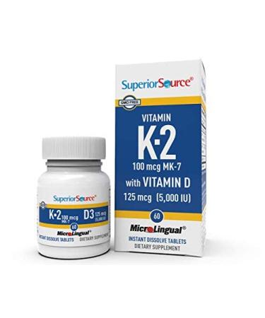 Superior Source K2 (MK-7) 100 mcg with D3 (5000 IU) Supplement Quick Dissolve Sublingual Tablets 60 Count Strengthen Bones Cardiovascular & Immune System Support Joint Health Non-GMO