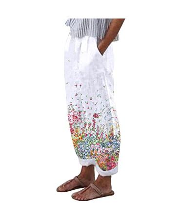 Gufesf Women's Casual Cotton Linen Palazzo Pants Wide Leg Long Trousers  with Pockets Loose Floral Beach