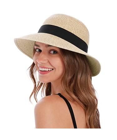 Women's Sun Hats UV Protection Large Wide Brim Hat Women Packable Sun Hat for Women Straw Hats Beige/Black