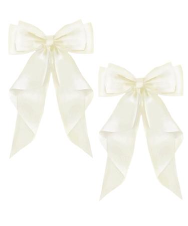 ZEVONDA Pack of 2 Big Bow Hair Clips - Solid Color Large Bowknot Hairpin Hair Clip with Long Silky Satin Tail Hair Barrettes Accessories for Girls Women Milky White Milky White (2PCS)