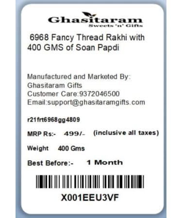 Ghasitaram Gifts Rakhi for Brother Rakhis Online - 6968 Fancy Thread Rakhi with 400 GMS of Soan Papdi - Buy Online on GoSupps.com