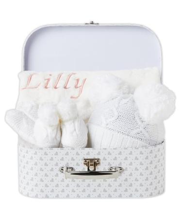 Personalised Baby Shower Gifts - Newborn Baby Essentials Baby Winter Clothes - Winter Hat Fleece Blanket Baby Knitted Booties Gloves New Baby Gifts Personalised Gifts New Born Baby Essentials Customised White