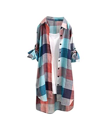 Shirts for Women Trendy, Women's Plaid Shirts Half Sleeve Button Down Shirt Boyfriend Casual Plaid Blouses Tops Linen-multicolor X-Large