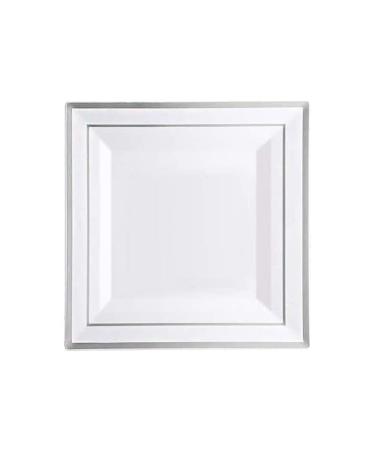 M Honor 50 Piece Silver Rimmed Square Plastic Reusable Plates for Weddings Parties and Dinners | 10 Inch
