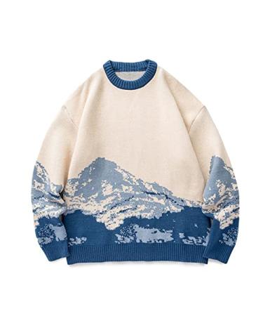 Dgoopd Mens Sweater Pullover Mountain Print Sweater Soft Touch Sweater Oversized Long Sleeve Knit Shirts Fall Loose Sweater Blue Large