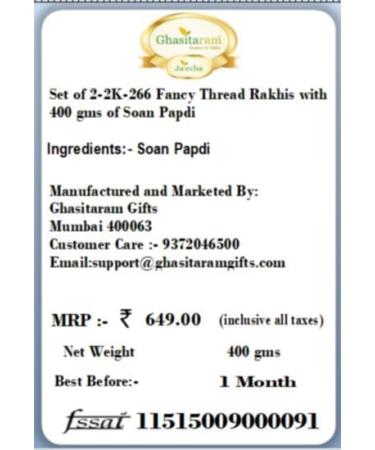 Ghasitaram Gifts Rakhi for Brother Rakhis Online - Set of 2-2K-266 Fancy Thread Rakhis with 400 GMS of Soan Papdi Set of 2 Rakhis with 400 gms of Soan Papdi - Buy Online on GoSupps.com