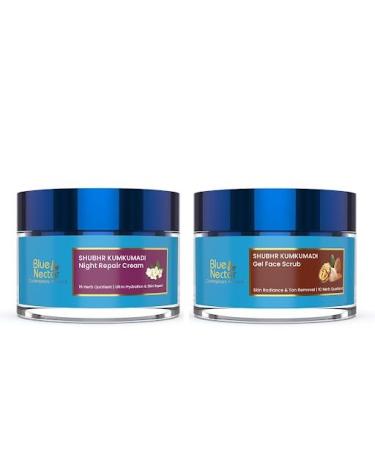 Blue Nectar Kumkumadi Night Cream with Jasmine for Glowing Skin for Women (1.7 Fl Oz) and Walnut Gel Scrub for Deep Exfoliation (1.7 Fl Oz)