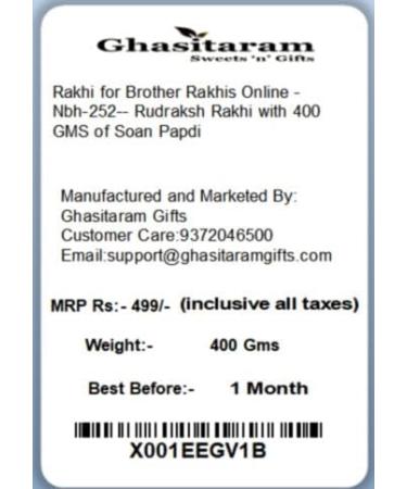 Ghasitaram Gifts Rakhi for Brother Rakhis Online - Nbh-252- Rudraksh Rakhi with 400 GMS of Soan Papdi - Buy Online on GoSupps.com