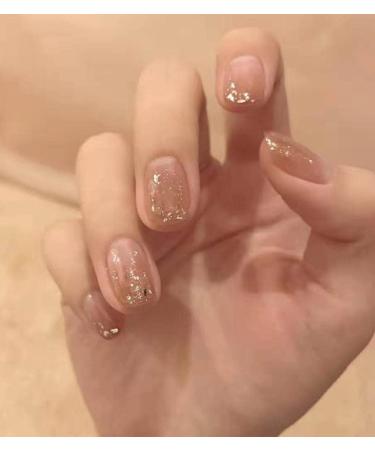 Vatocu quadratic shiny artificial nails french pink nails to stick on short sparkle wrong nails gold foil nude acrylic stick on the nails for women and girls (24 pieces)