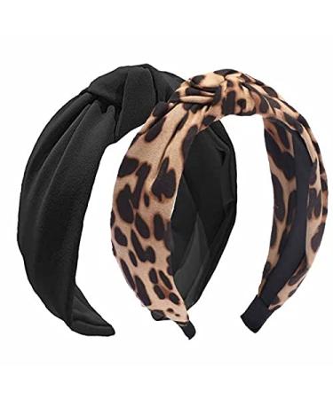 2PCS Headbands for Women, Etercycle Bow Knotted Wide Headband, Yoga Hair Band Fashion Elastic Hair Accessories for Women and Girls (Black, Leopard)