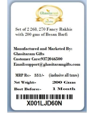 Ghasitaram Gifts Rakhi for Brother Rakhis Online - Set of 2 268 270 Fancy Rakhis with 200 GMS of Besan Barfi - Buy Online on GoSupps.com