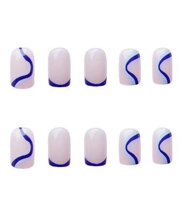 YoYoee Short Square Blue Swirl French False Nails - 24PCS Glossy Acrylic Full Cover Fake Nails for Women and Girls - Buy Online on GoSupps.com