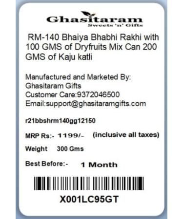 Ghasitaram Gifts Rakhis Online - Rakhi for Brother- RM-140 Bhaiya Bhabhi Rakhi with 100 GMS of Dryfruits Mix Can 200 GMS of Kaju katli Rakhi Set & 100g Dryfruits Mix Can 200g Kaju katli - Buy Online on GoSupps.com