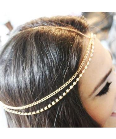 Fstrend Boho Fashion Layered Head Chain Wedding Crystal Jewelry Sparking Rhinestone Headband Halloween Headpiece for Women and Girls(Gold)