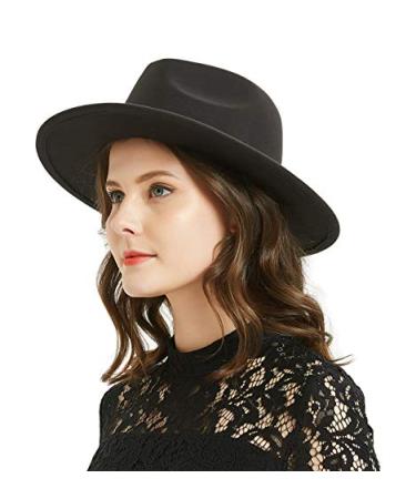 Women or Men Woolen Felt Fedora Hat Vintage Widet Brim Crushable Hat Belt Jazz Black Large