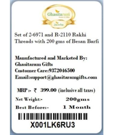Ghasitaram Gifts Rakhi for Brother Rakhis Online - Set of 2-6971 and R-2110 Rakhi Threads with 200 GMS of Besan Barfi - Buy Online on GoSupps.com