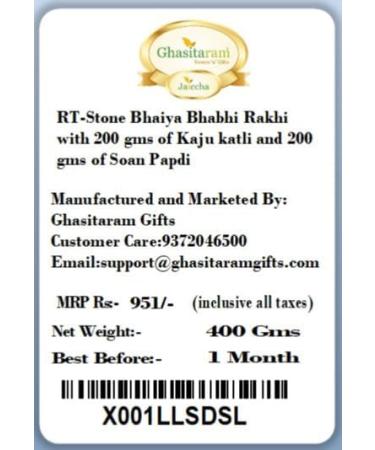 Ghasitaram Gifts Rakhis Online - Rakhi for Brother-RT-Stone Bhaiya Bhabhi Rakhi with 200 GMS of Kaju katli and 200 GMS of Soan Papdi Rakhi Set with 200 gms of Kaju katli & Soan Papdi - Buy Online on GoSupps.com