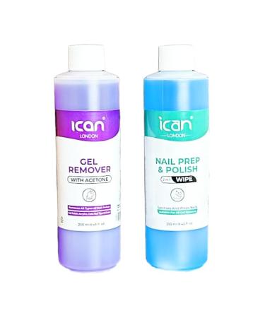 ican London Nail Gel Polish Prep & Wipe 250ml + Gel Remover With Acetone UV LED Polish Cleanser 250ml Combo Set
