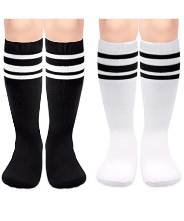 Olreco Toddler Soccer Socks Boys Girls Soccer Socks Kids Knee High Socks for Toddler Girls Toddler Tube Socks with Stripes 3-6 Years 2 Pack White/Black Black/White