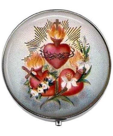 Three Sacred Hearts with Flowers - Art Photo Pill Box - Charm Pill Box - Glass Candy Box 40 Silver
