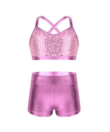 JanJean Kids Girls 2 Piece Ballet Active Outfits Shiny Tank Top with Booty Shorts Gymnastics Leotard Dance Gym Workout Pink 8-10